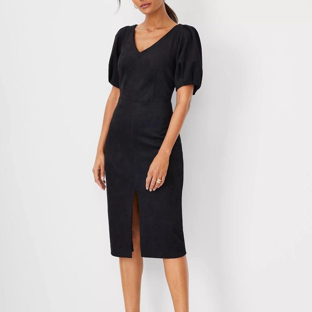 Ann Taylor Black Faux Suede V-Neck Puff Sleeve Midi Dress Chic 4